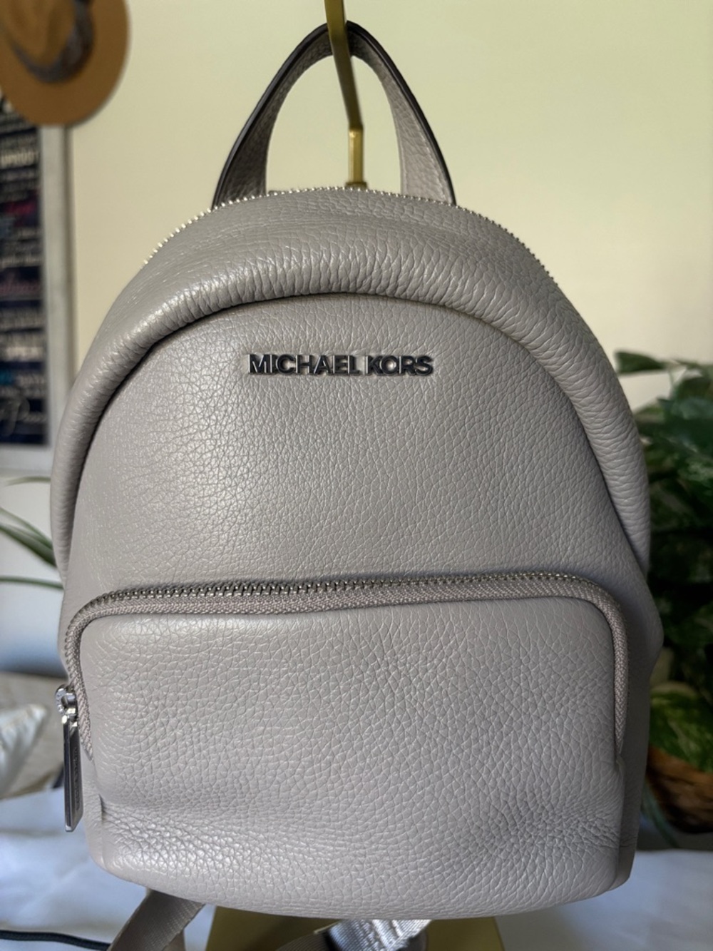 Michael Kors "Erin" Pebbled Leather Backpack Pearl Gray.